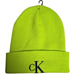 Calvin Klein CK Beanie Green Knitted Winter Hat Neon New Beenie